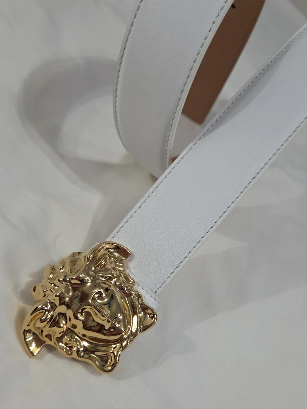 Versace White Leather Belt with Gold 3D Medusa Buckle